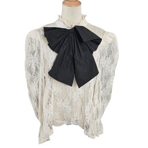 SHEIN Curve Cream Lace Blouse with Black Bow
